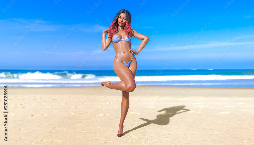 3D beautiful sun-tanned woman blue swimsuit bikini on sea beach. Summer rest. Blue ocean background. Sunny day. Conceptual fashion art. Seductive candid pose. Realistic render illustration. 3D beautiful sun-tanned woman blue swimsuit bikini on sea beach. Summer rest. Blue ocean background. Sunny day. Conceptual fashion art. Seductive candid pose. Realistic render illustration.