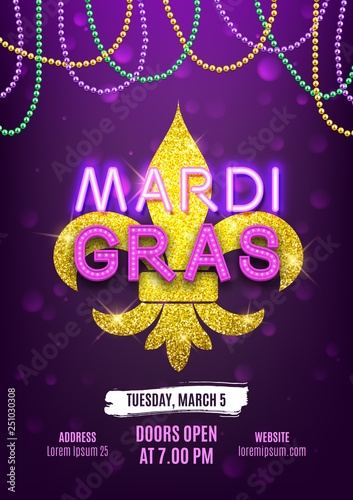 Mardi Gras party carnival banner, decorative beads and shiny gold symbol, vector illustration