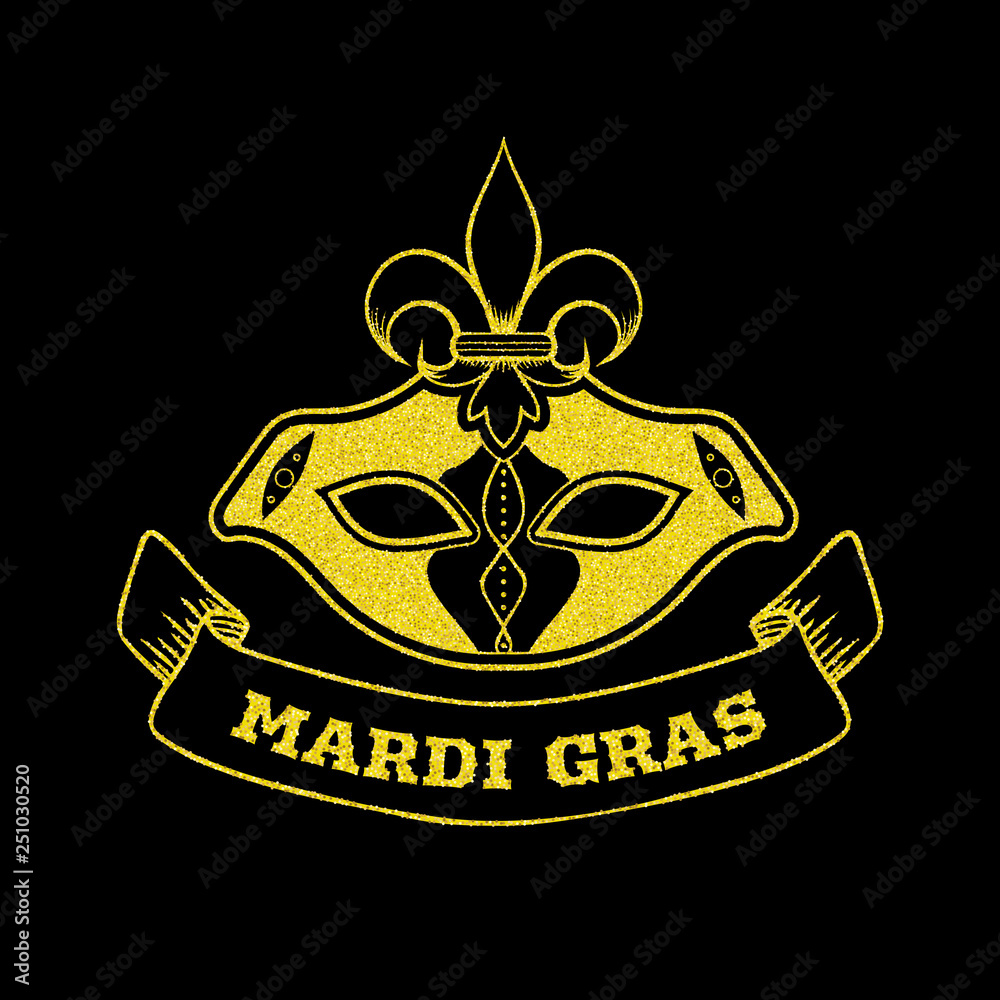 Mardi Gras decorative postcard with carnival mask, gold glitter, vector illustration Mardi Gras decorative postcard with carnival mask, gold glitter, vector illustration