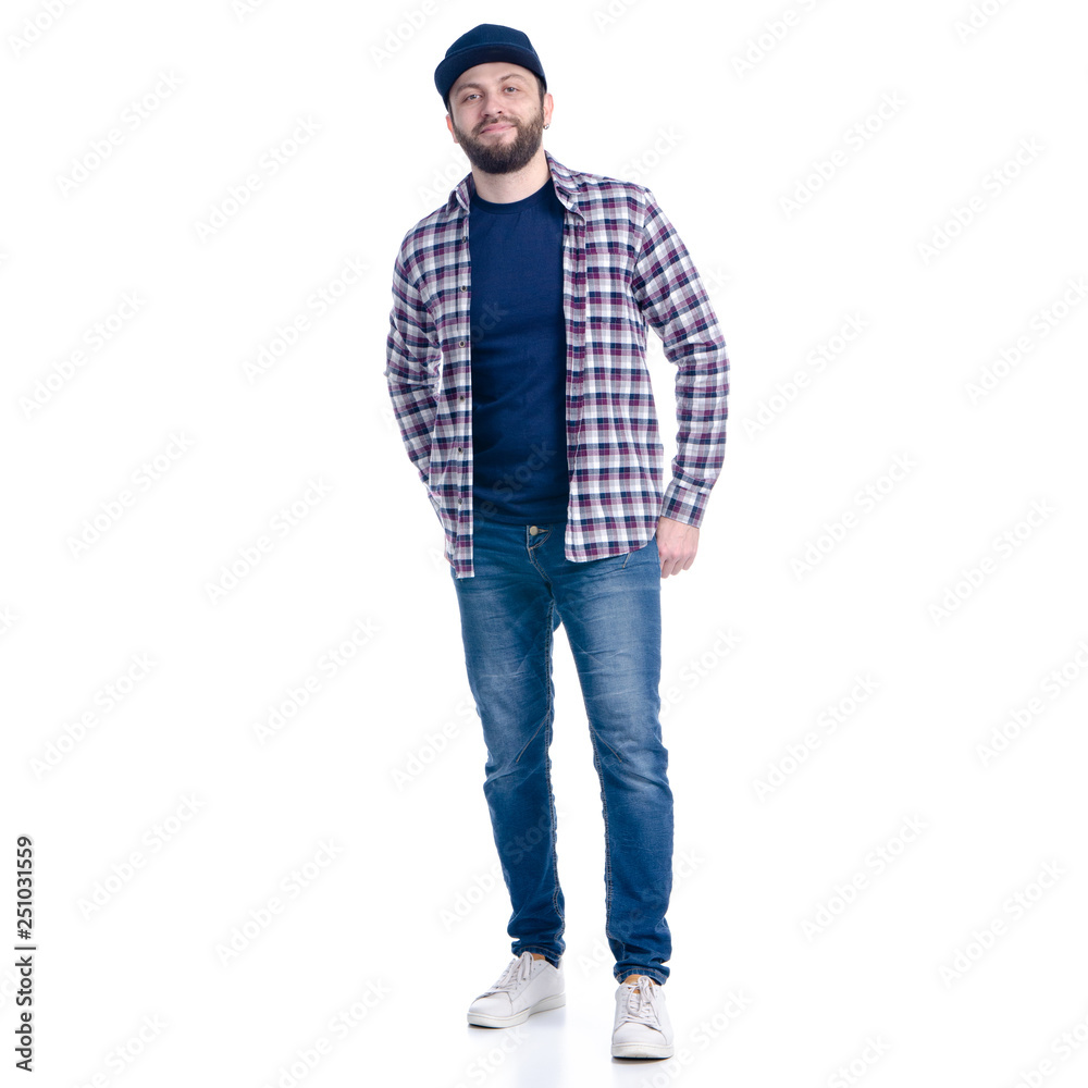 Man in jeans, shirt and cap standing smiling on white background isolation Man in jeans, shirt and cap standing smiling on white background isolation