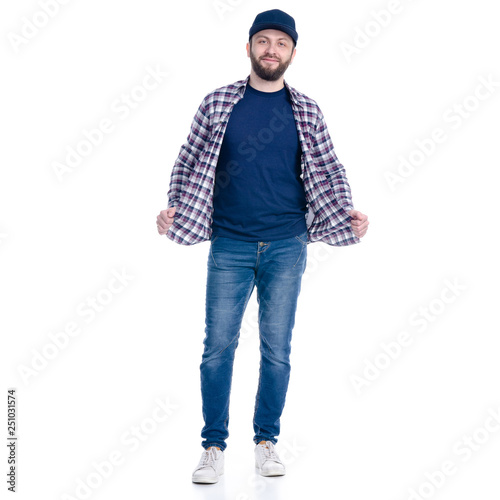 Man in jeans, shirt and cap standing smiling on white background isolation