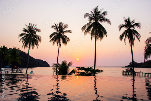 Sunset reflecting on the water surface foreground with coconut trees area ao bang bao at Koh kood island is a district of Trat Province. Thailand. © Pina