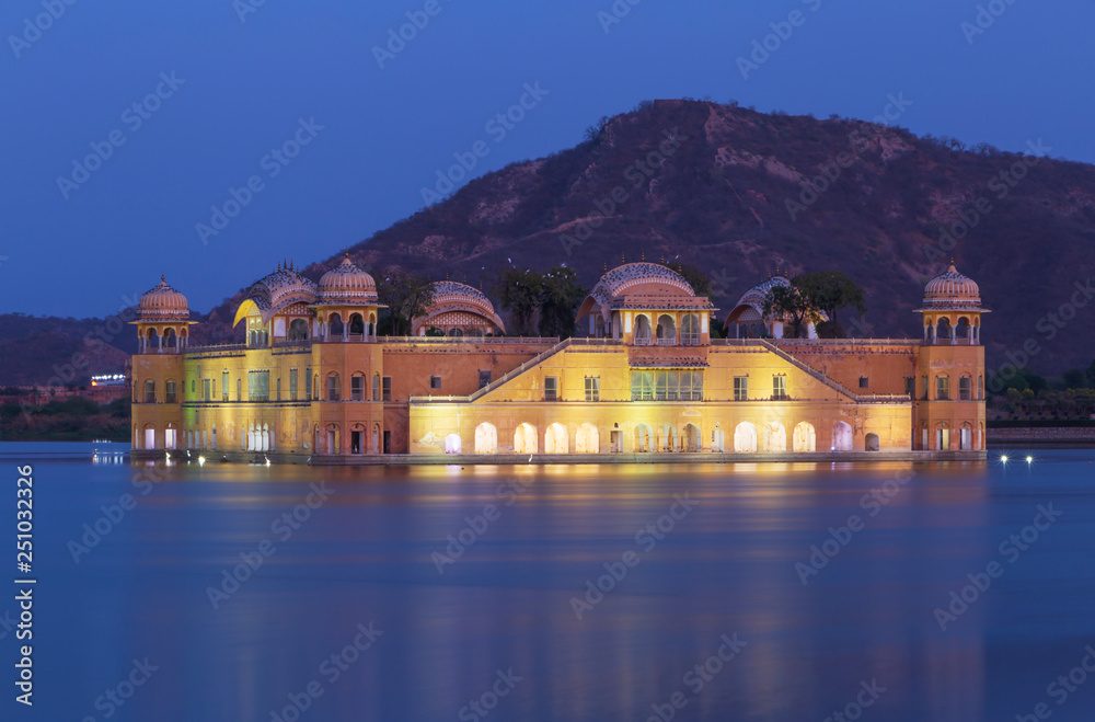 sight of Jal Mahal palace in Jaipur at night, India