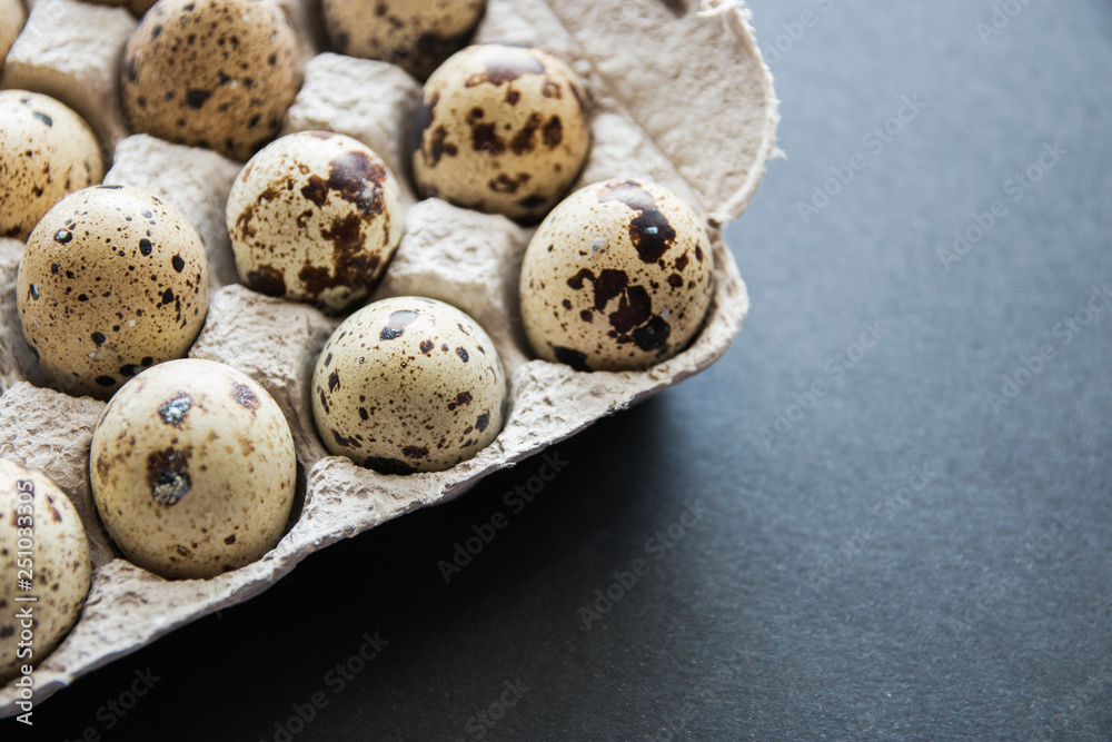 Obraz premium Textured spring background with small quail eggs. Eco products. Quail eggs in cardboard packaging