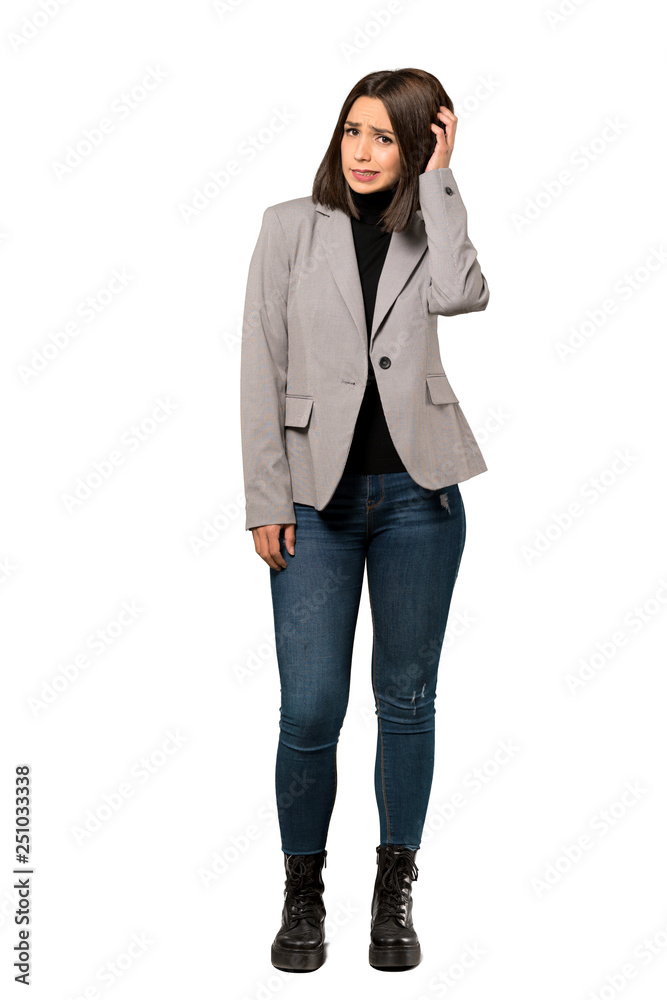 A full-length shot of a Young business woman having doubts over isolated white background A full-length shot of a Young business woman having doubts over isolated white background