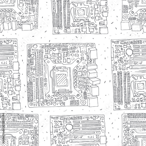 Motherboard hand drawn seamless pattern. Electronic component of desktop computer