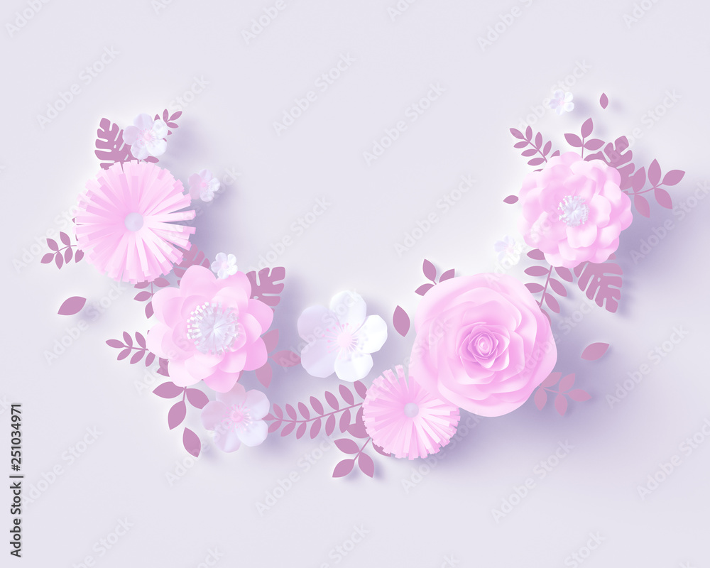 Floral wreath design element, pink rose with paper cut leaves on white wall background, 3d rendering