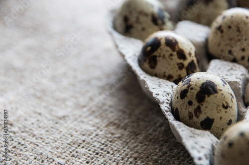 Textured spring background with small quail eggs on burlap background. Eco products. Quail eggs in cardboard packaging