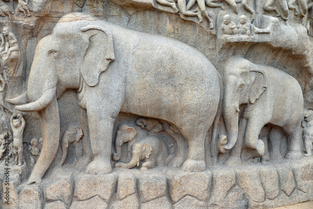 Elephants sculptés à Mallabapuram, Inde du Sud