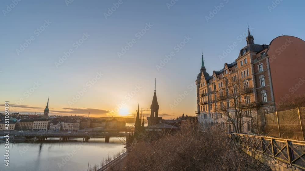 Stockholm Sweden time lapse 4K, city skyline sunrise timelapse at Gamla Stan and Slussen Stockholm Sweden time lapse 4K, city skyline sunrise timelapse at Gamla Stan and Slussen