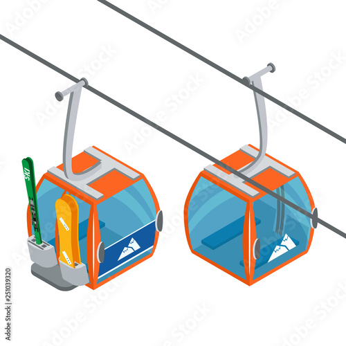 Ski Lift Gondolas moving. Isolated on white background. Illustration of winter transport for the advertising flyer, post card or banner