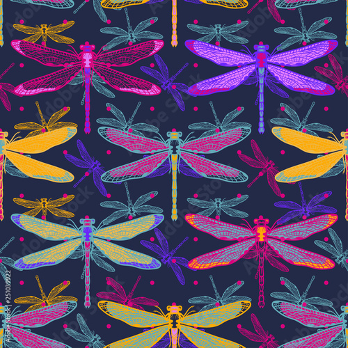 Hand drawn stylized dragonflies seamless pattern for girls, boys, clothes. Creative background with insect. Funny wallpaper for textile and fabric. Fashion style. Colorful bright