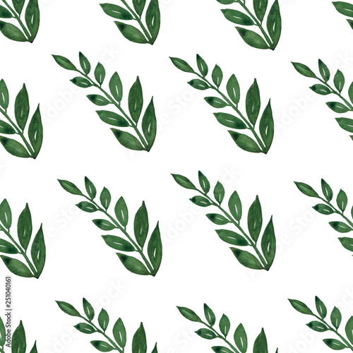 Seamless pattern, background, texture print with light watercolor hand drawn green color dusty leaves, forest herbs, plants. Tender, elegant textile fabric, wrapping paper backdrop layout