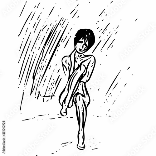 vector drawing of a girl sitting in the rain in a closed position