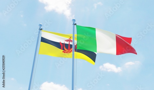 Italy and Brunei, two flags waving against blue sky. 3d image