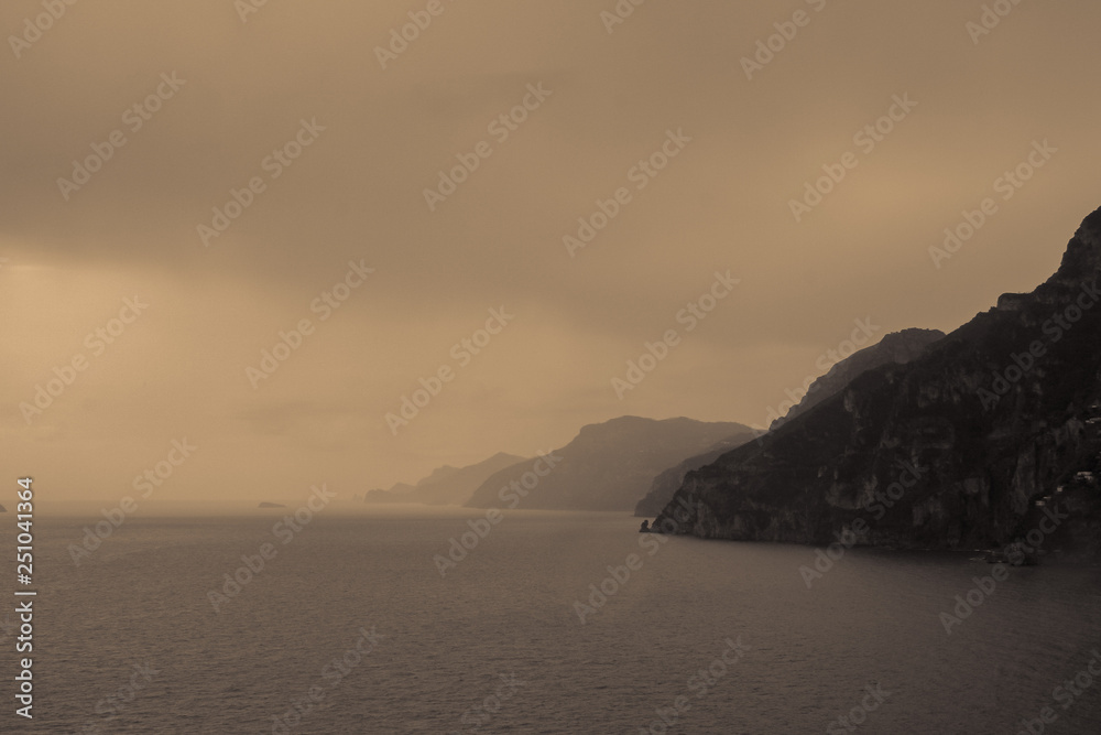 far view over the amalfi coast with clouds