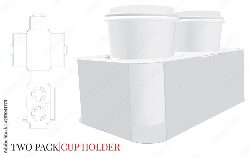 Cup Holder Template, Vector with die cut /laser cut layers. Coffee Cup  Holder Illustration. Two Pack Cup, Glass, Beer Holder. White, clear, blank,  isolated on white background. Self Lock,Cut and Fold Stock