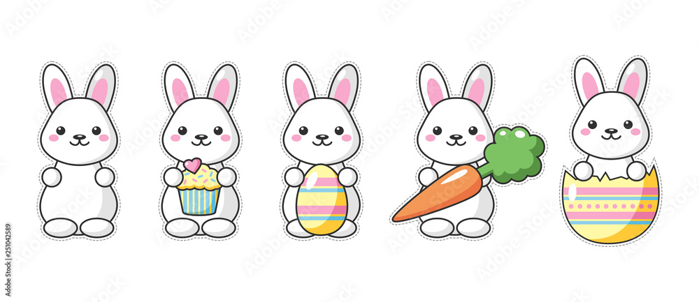 Set of cute kawaii Easter bunnies with carrot, sweet and egg. Beautiful Kawaii vector illustration for greeting card/poster/sticker.