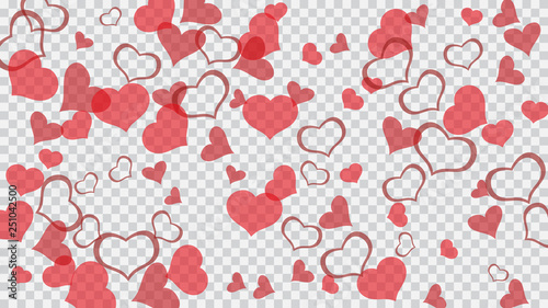 Red hearts of confetti are falling. A sample of wallpaper design, textiles, packaging, printing, holiday invitation for wedding. Romantic background. Red on Transparent fond Vector.