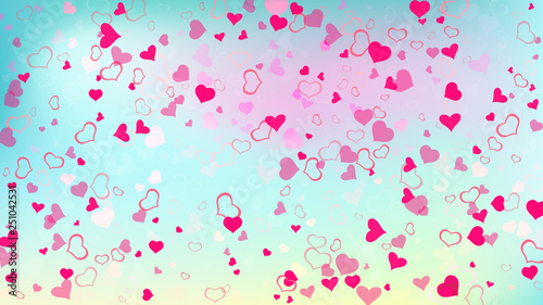 Red hearts of confetti are falling. Red on Gradient fond Vector. Spring background. The idea of wallpaper design, textiles, packaging, printing, holiday invitation for birthday.