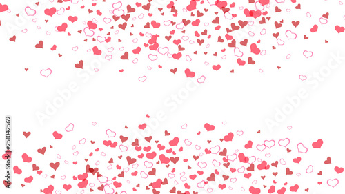 Red hearts of confetti crumbled. Red on White fond Vector. A sample of wallpaper design, textiles, packaging, printing, holiday invitation for Valentine's Day. Festive background.