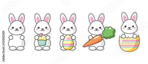 Set of cute kawaii Easter bunnies with carrot, sweet and egg. Beautiful Kawaii vector illustration for greeting card/poster/sticker.