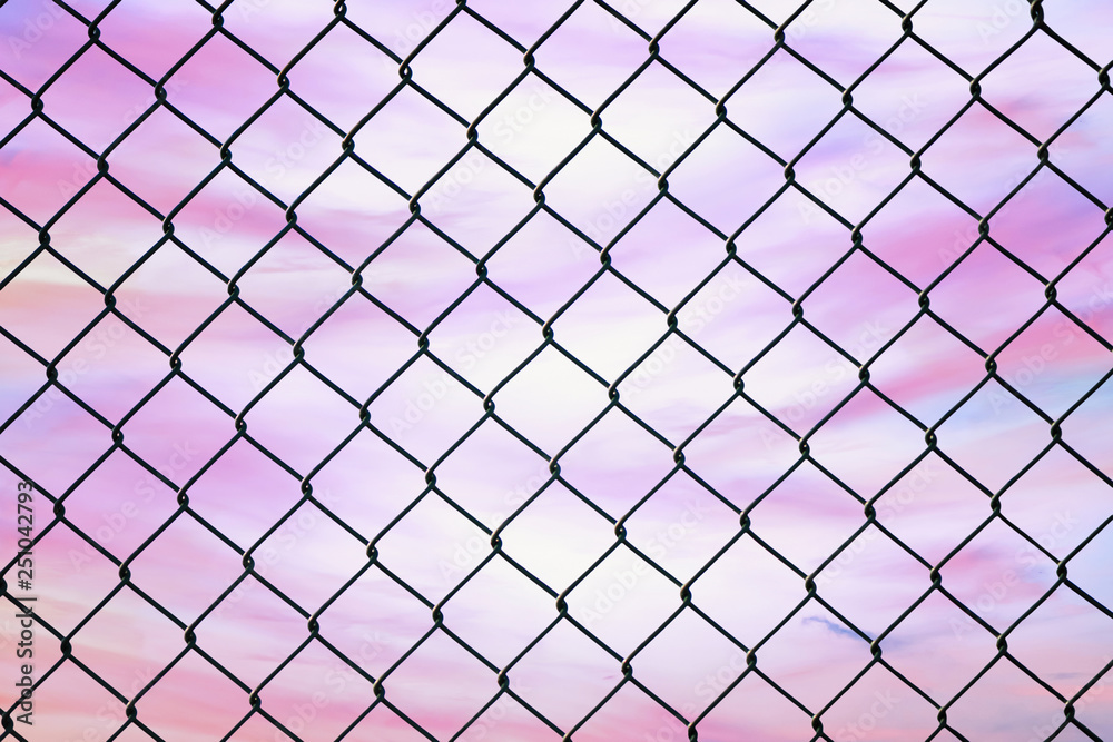 Fototapeta premium Conceptual image of twilight sky with effect of light pastel tone and steel mesh wire fence. Concept of hope and freedom