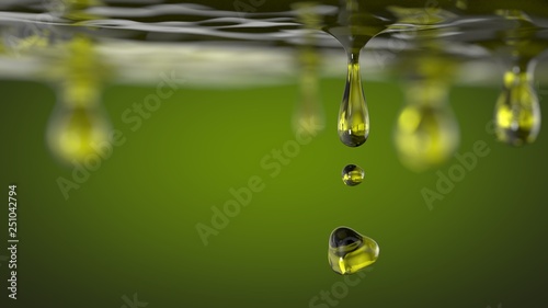 olive oil droplets. industrial food fluids concept. 3d illustration