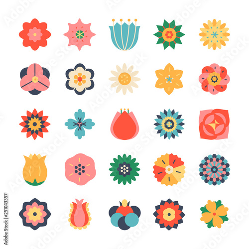 Flower icons set. Collection of 25 colorful simple vector illustrations in flat style.