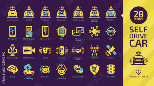 Self-drive intelligence yellow car color silhouette glyph icon on a dark violet background set with driverless autonomous sensor smart vehicles and cloud computing automated transport colorful sign.