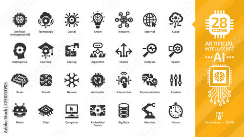 Vector artificial intelligence glyph icon set with machine learning, smart robotic and computer network digital AI technology: intelligent tech, brain circuit chip, cloud computing and internet sign.