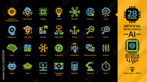 Vector artificial intelligence color icon set on a black background with machine learning, smart robotic tech and cloud computing network digital AI technology colorful symbols.