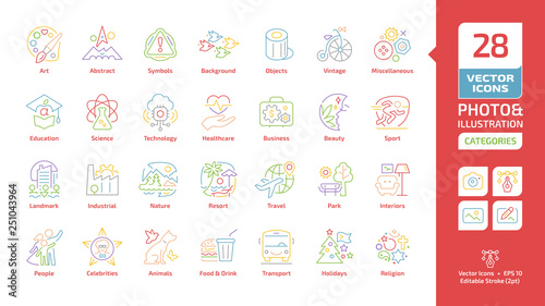 Vector categories and themes editable stroke color line icons for photo and illustration with education, science, technology, healthcare, business, holidays, religion sections outline colorful symbols