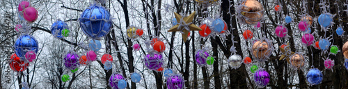 Multicolored balls and garlands among the snow-covered trees. Beautiful winter background.Panorama