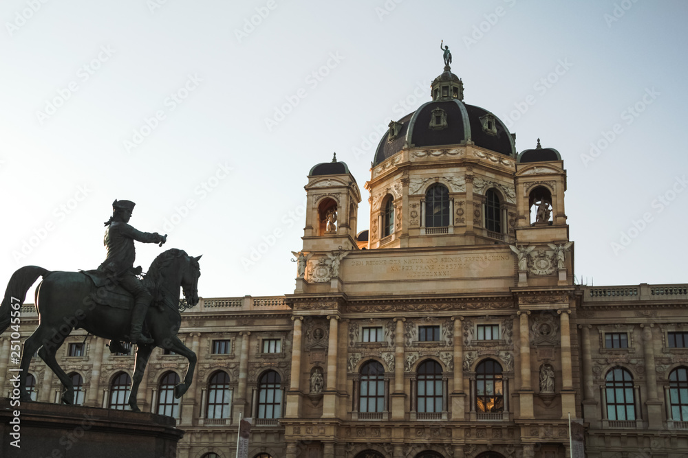 Exterior of Naturhistorisches Museum of Nature and History at Maria Theresa square (Maria-Theresien-Platz) and monument of Empress at sunset in Vienna, Austria