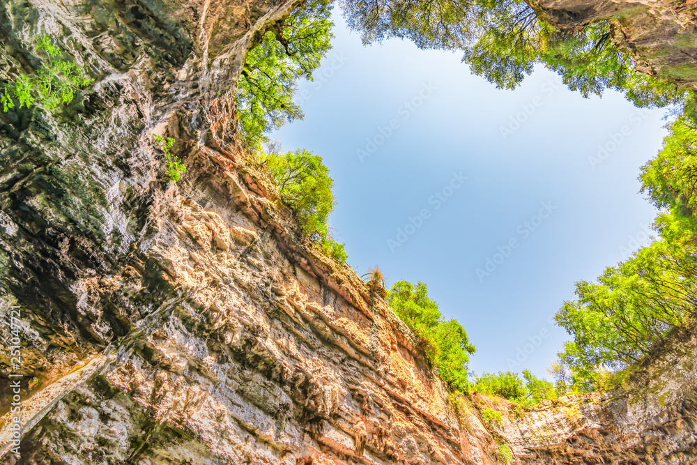 Bottom view of rocks and trees in the Melissani caves with a blue sky background. Kefalonia, Greece.