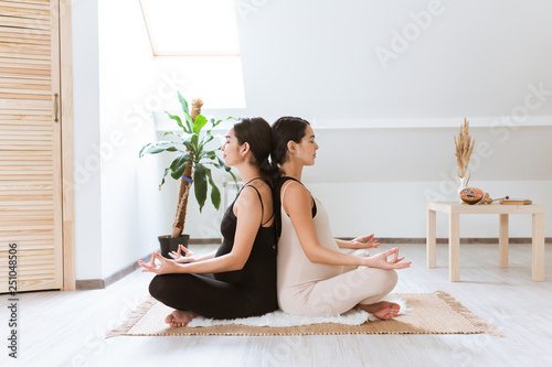 Group of two young pregnant women doing relaxation exercise on yoga mat. Sisters practice yoga together at home