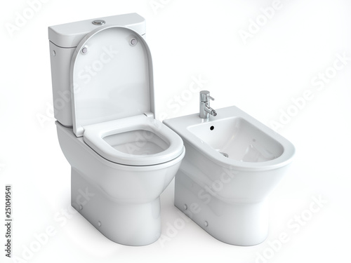 Toilet bowl  and bidet on white isolated background. photo