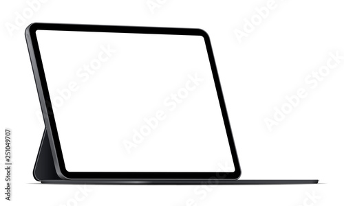 Modern tablet computer stand with blank screen isolated on white background - side view. Vector illustration