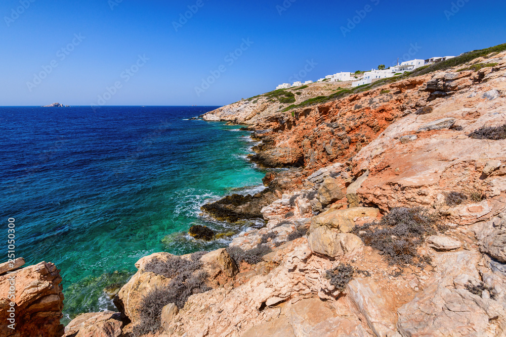 Palm beach (Agia Irini) on Paros island, Greece. Picturesque greek beach with huge palms in Cyclades Islands