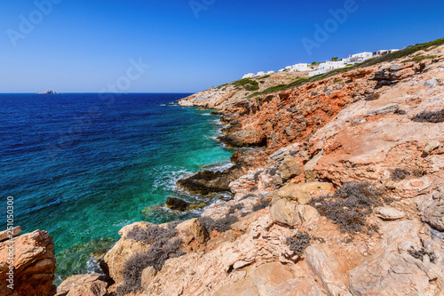 Palm beach (Agia Irini) on Paros island, Greece. Picturesque greek beach with huge palms in Cyclades Islands