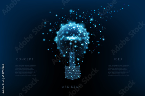  Light bulb of triangles and luminous points. Background of beautiful dark blue night sky. Concept idea. Vector Polygonal illustration. Low poly