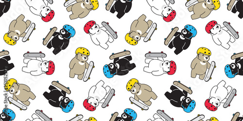 Bear seamless pattern skateboard vector polar bear skating helmet scarf isolated repeat wallpaper tile background cartoon illustration