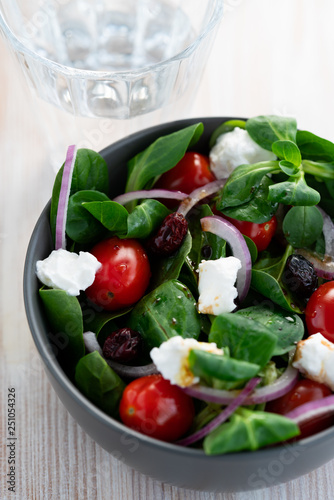 Winter salad with lamb's lettuce, spinach, cherry tomatoes, red onion, dried cranberries and goat cheese. Grey ceramic bowl, white wooden table, high resolution
