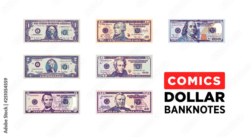 Dollar money comics style paper banknotes of USA - vector one size, business art illustration