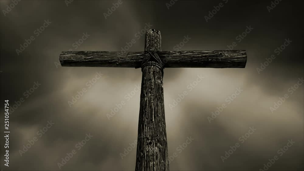 Loop features an old rugged wooden cross standing against a time lapse motion cloud sky with rays of light and periodic flashes of lightning in the clouds. Sepia monochromatic tone.