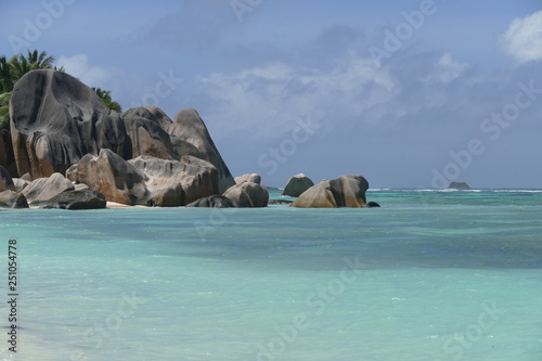 Granite rocks and turquoise water at the tropical beach Anse Source d´Argent on la Digue island