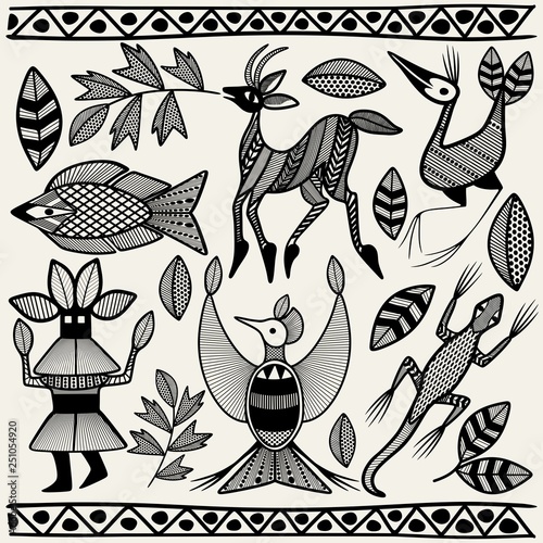 African Senufo Korhogo Tribal Ethnic Art Elements Vector Fabric Design