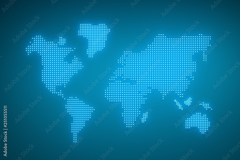 World map made of glowing blue dots with neon effect. Image in blue colors. 3d illustration.