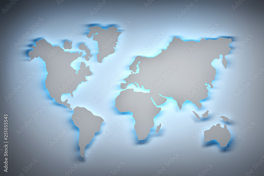 World map contour silhouette with glowing outline on white background. 3d illustration.
